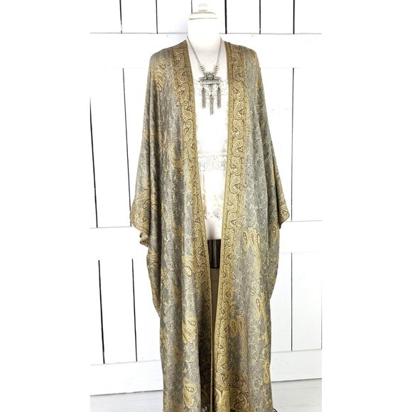 Maxi grey and beige paisley pashmina kimono cover up fringe jacket READY TO SHIP - Picture 3 of 5
